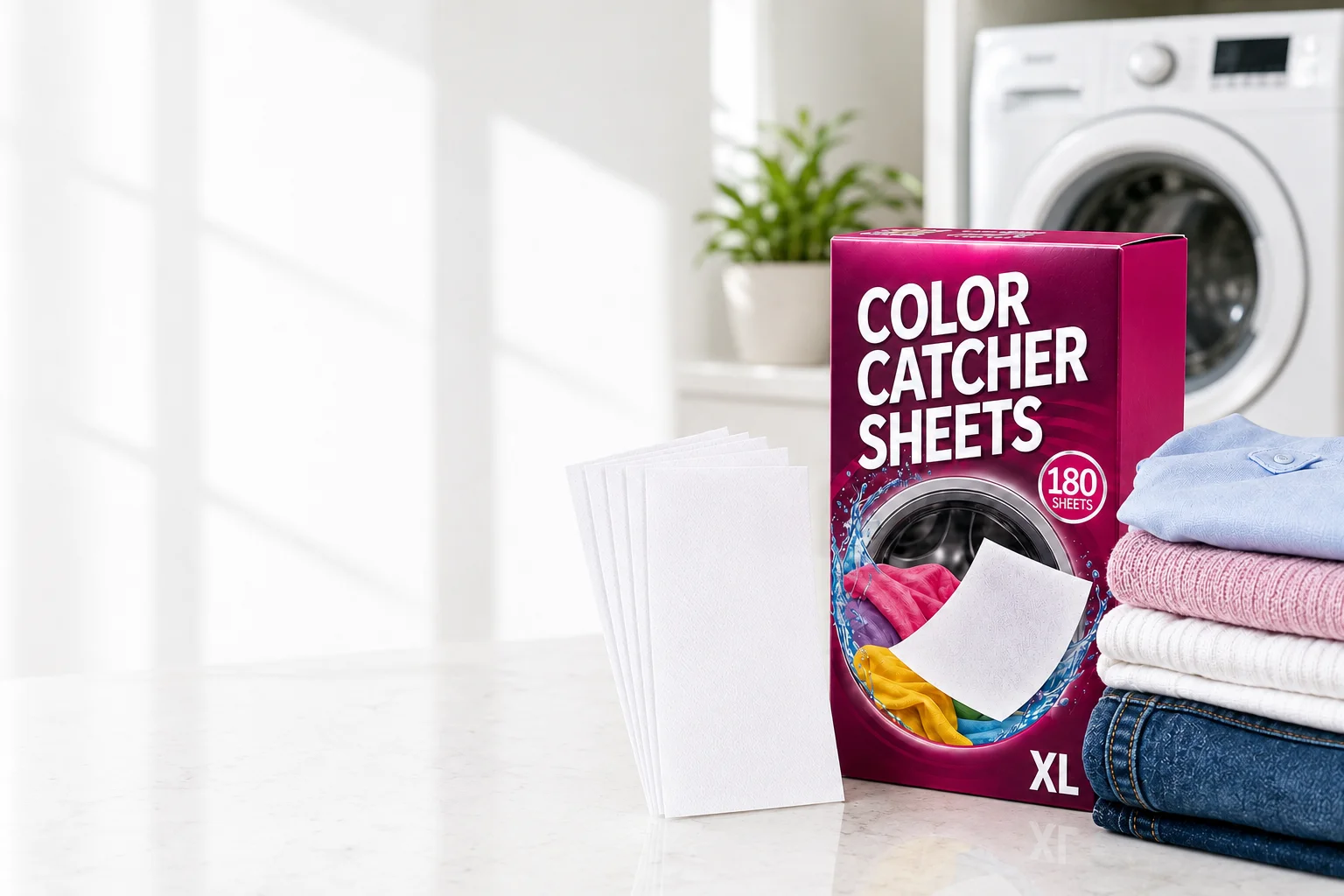 Color catcher sheets and folded clean laundry